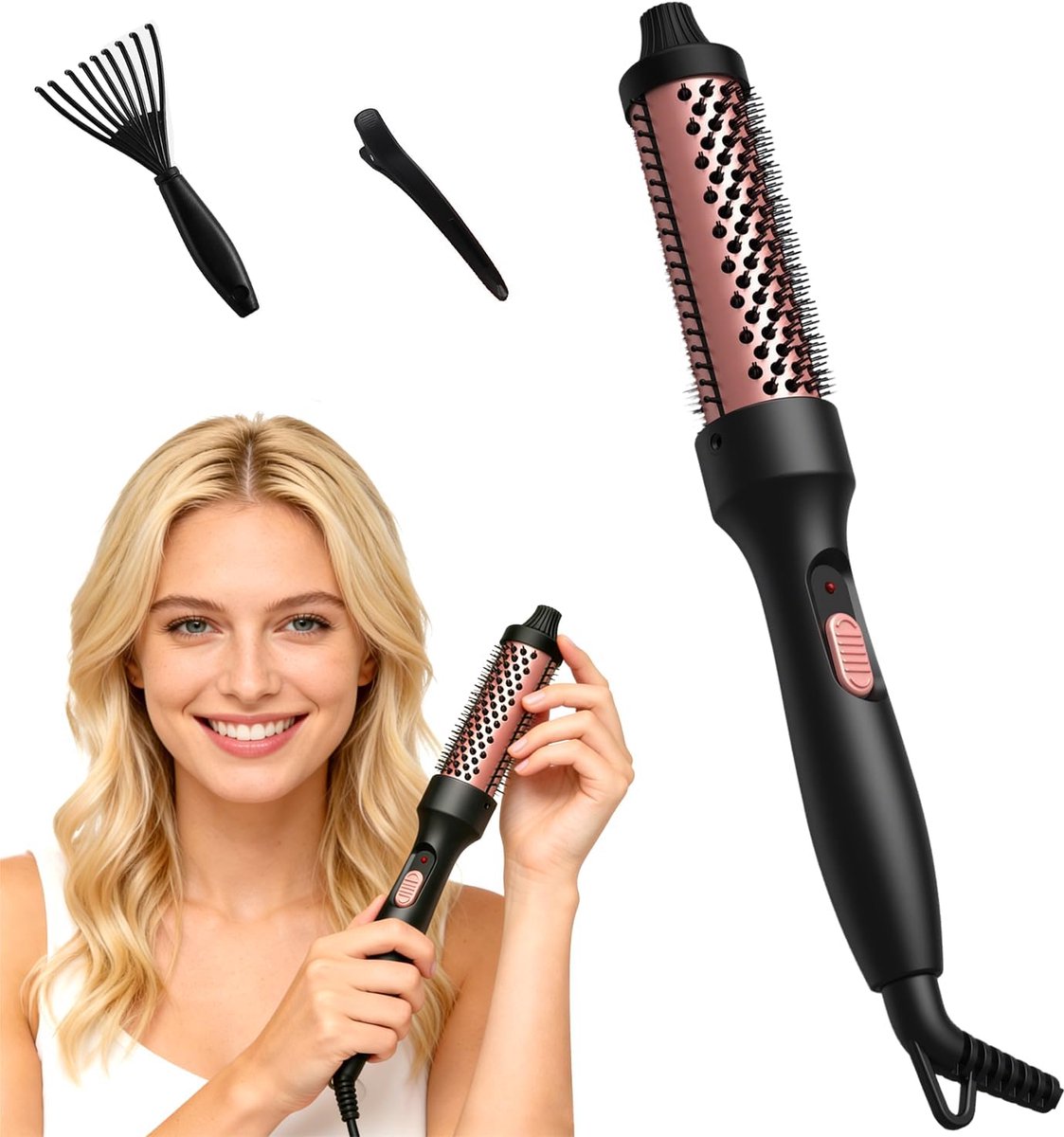 3-in-1 Elektrische Stijltang Met 32 mm Keramische Borstel – Maximaal 200 °C En Negatieve Ionen Anti-Frizz – Draaibaar Snoer En Automatische Uitschakeling – Geschikt Voor Wereldwijd Gebruik