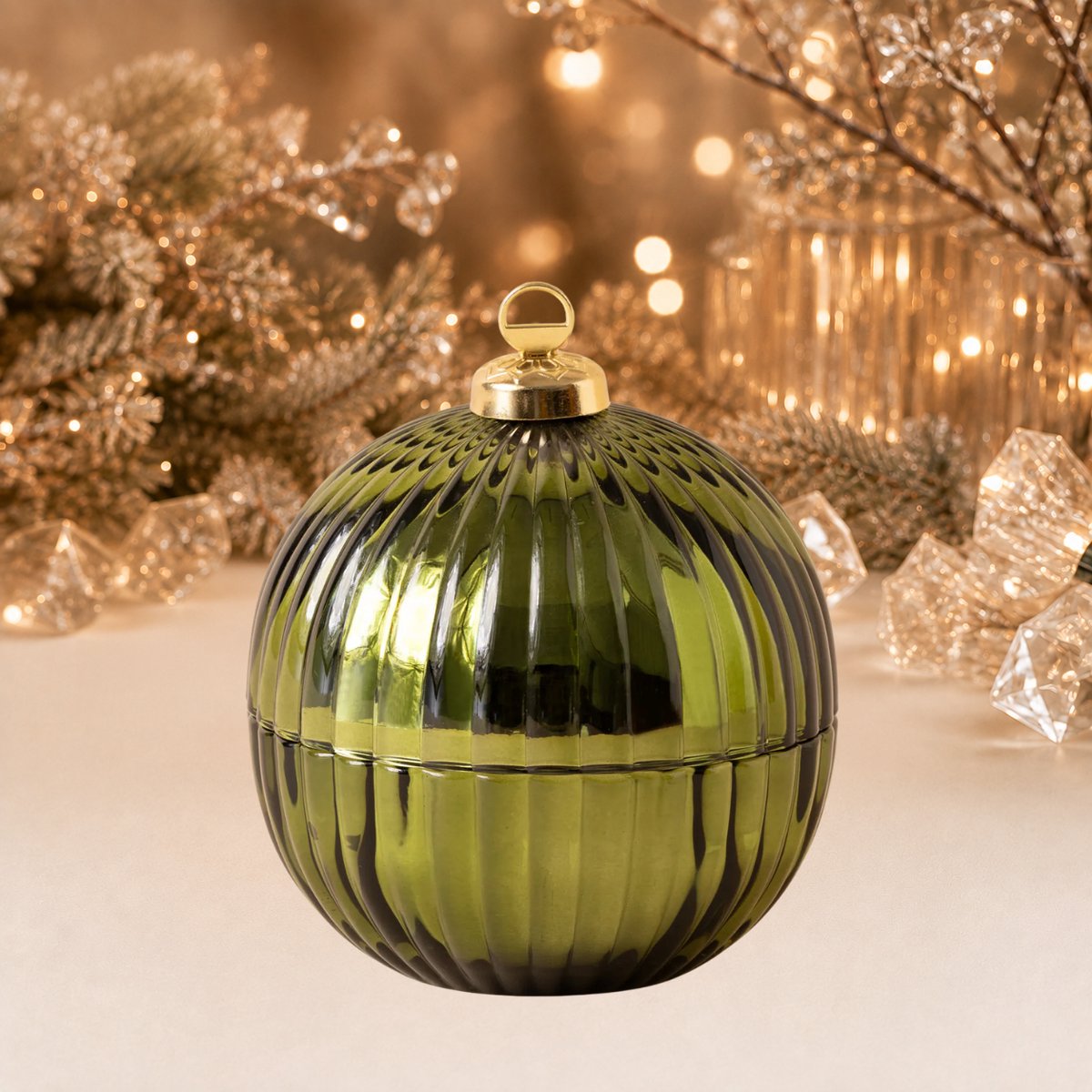 Luxe Glazen Kerstbal Geurkaars met deksel - Groen - Knisperende Houten Lont – Limited Edition – Dierproefvrij - Handgemaakt - Geïnspireerd op Wicks of Wood - Cinnamon Chai