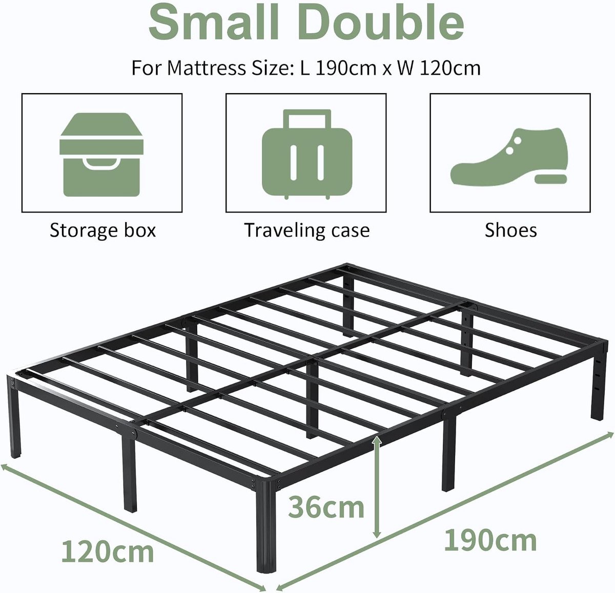 Metalen Bed 120x190 cm met Ronde Poten, Hoogte 36cm Tweepersoonsbed Frame met Metalens Lattenbodem, Zwart