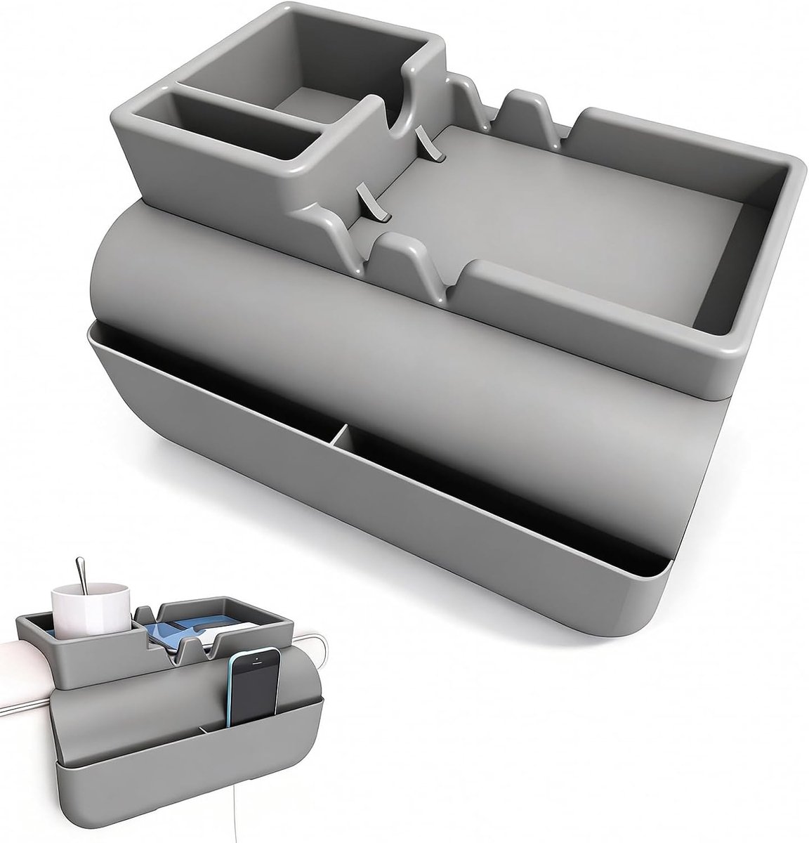 Armleuning-organizer, siliconen bankdienblad, armleuning met bekerhouder, telefoonhouder, tabletslot, antislip en lekvrij, met zijvakken, siliconen anti-spill bankorganizer (grijs)