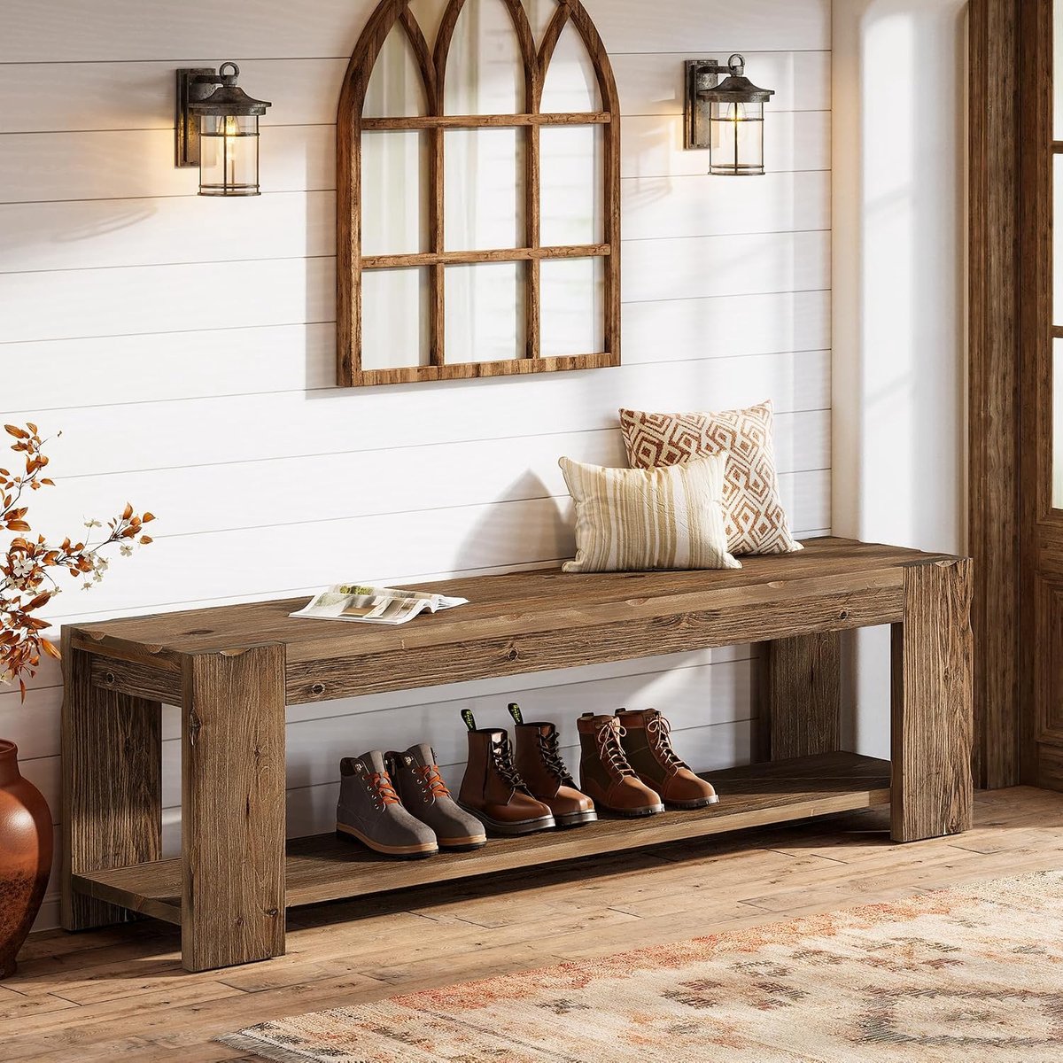 Ingangsbank van massief hout met legplank, 140 cm, 2 etages, houten bank voor entree, hal, eetkamer, woonkamer, modder, slaapkamer, rustiek bruin