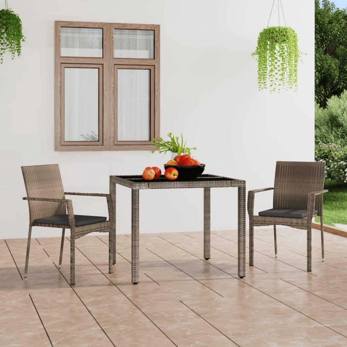 Tuinstoelen met kussens, 2 stuks, polyrotan grijs, terrasstoelen, vrijetijdsstoelen, balkonstoelen, outdoorstoelen voor tuin, gazon, terras