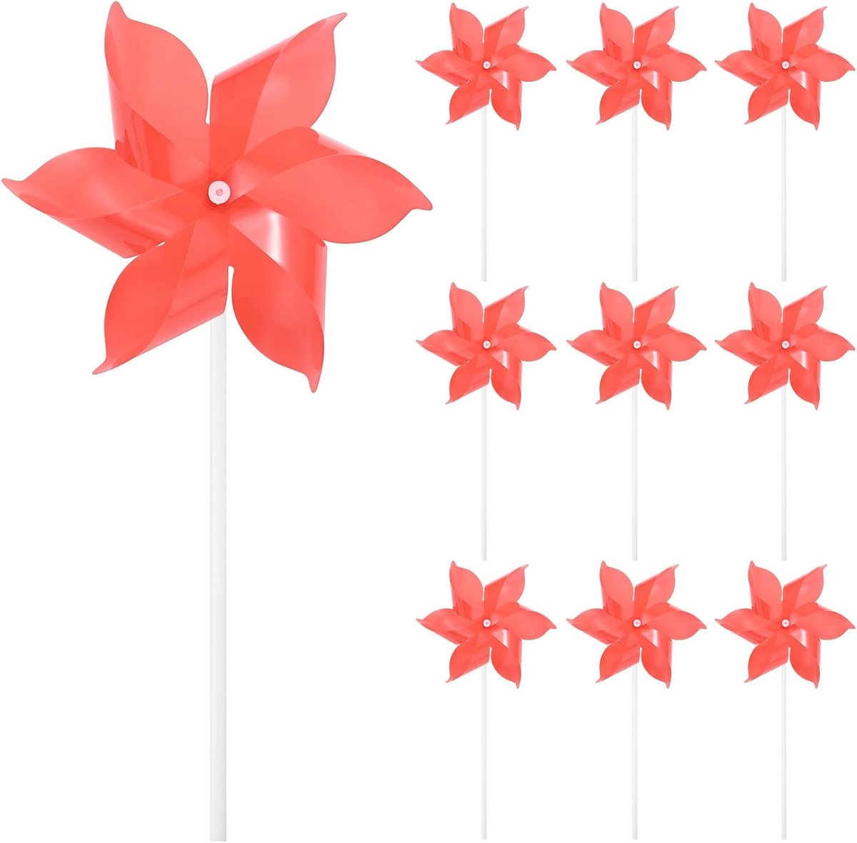Set van 10 met zes messen regenboogwielen, 20,1 cm plastic windspinners buiten bloemenmolen voor feestdecoraties/tuin/tuin, speelgoed windspinners [rood]