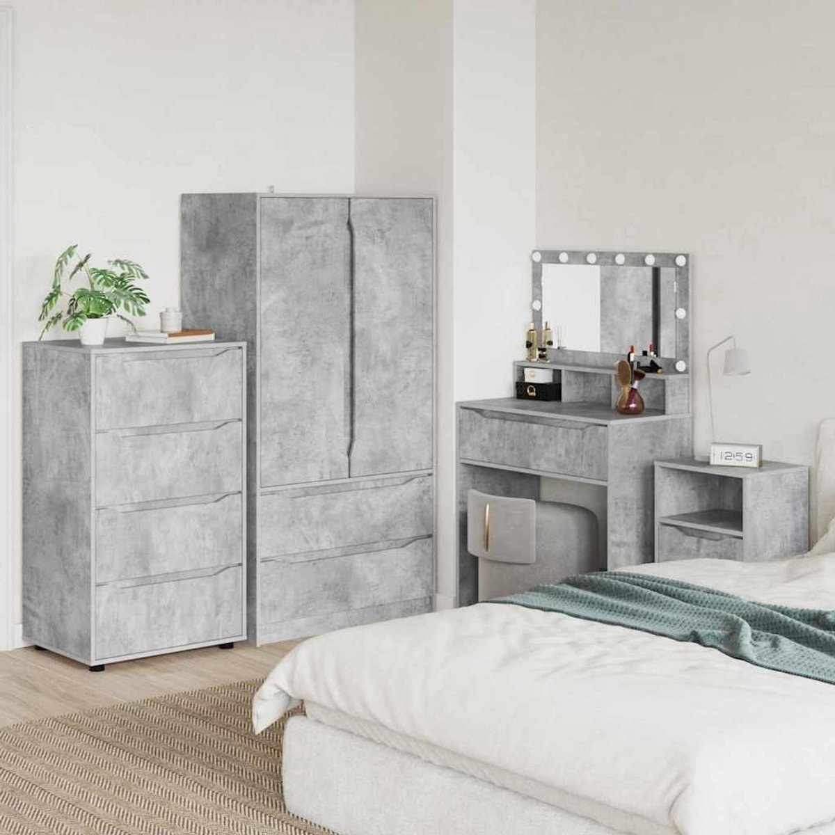 Beton Grijs 60 x 48 x 105 cm Bewerkt hout met 4 laden, in hoogte verstelbaar, duurzaam en stabiel voor slaapkamer woonkamer opbergmeubel