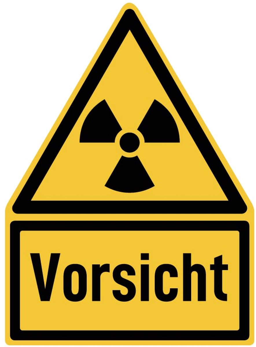 300x200 mm, 1 stuk - signaalwoord voorzichtig voor radioactieve stoffen of ioniserende stralen - waarschuwingsteken met tekst (Duits) (geel/zwart) - driehoek - W003 - DIN EN ISO 7010 / ASR