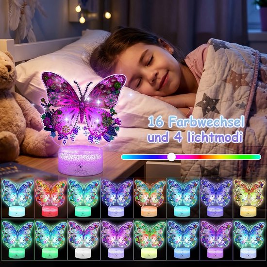 Diamond Painting Lamp voor kinderen, nachtlampje, vlinder, creatief, meisjes, doe-het-zelf, handwerk, idee, cadeau, meisjes, verjaardag, decoratie, slaapkamer, voor 5, 6, 7, 8, 9 jaar — afbeelding 3