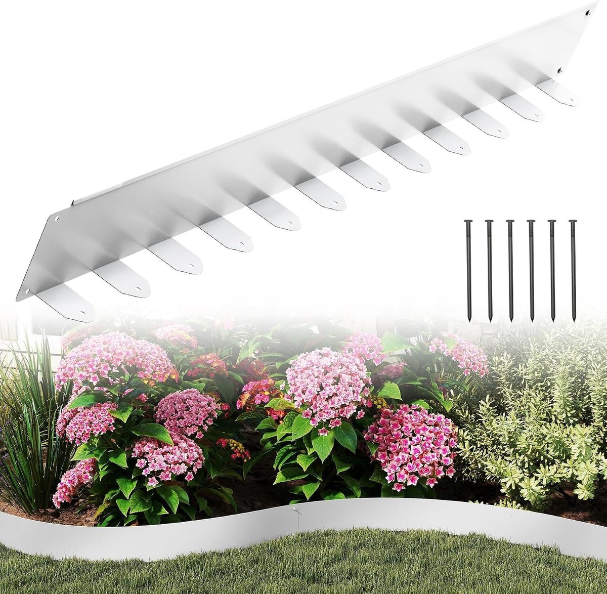 Flexibele gazonrand, L 100 x H 10 cm, bloembedomranding met 50 grondankers, tuinperkbegrenzing voor binnenplaats, boerderij, zilver, 10 stuks