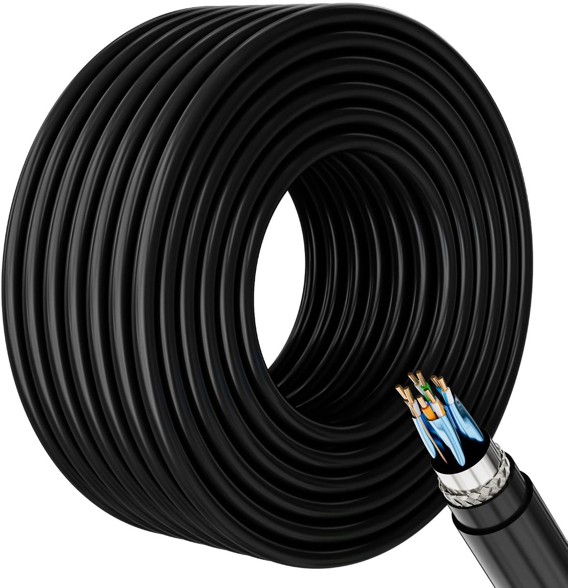 20 m CAT 7 ethernetkabel, LAN-kabel, 10 Gbps, installatiekabel voor buiten, koperen AWG24 installatiekabel, zwart, waterdichte netwerkkabel voor buiten, uv-bestendig.