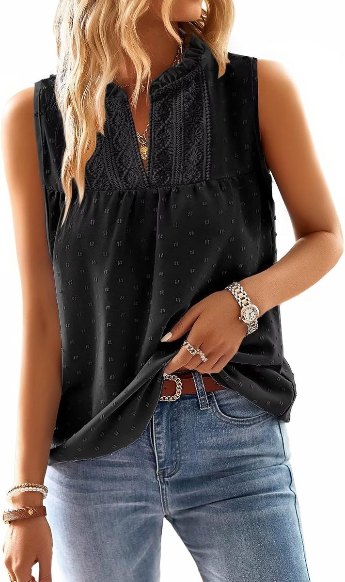 Tanktop Zomer Boho Bloes Mouwloos V-hals T-shirt Elegant Luchtig Casual Basic Outfit Kant