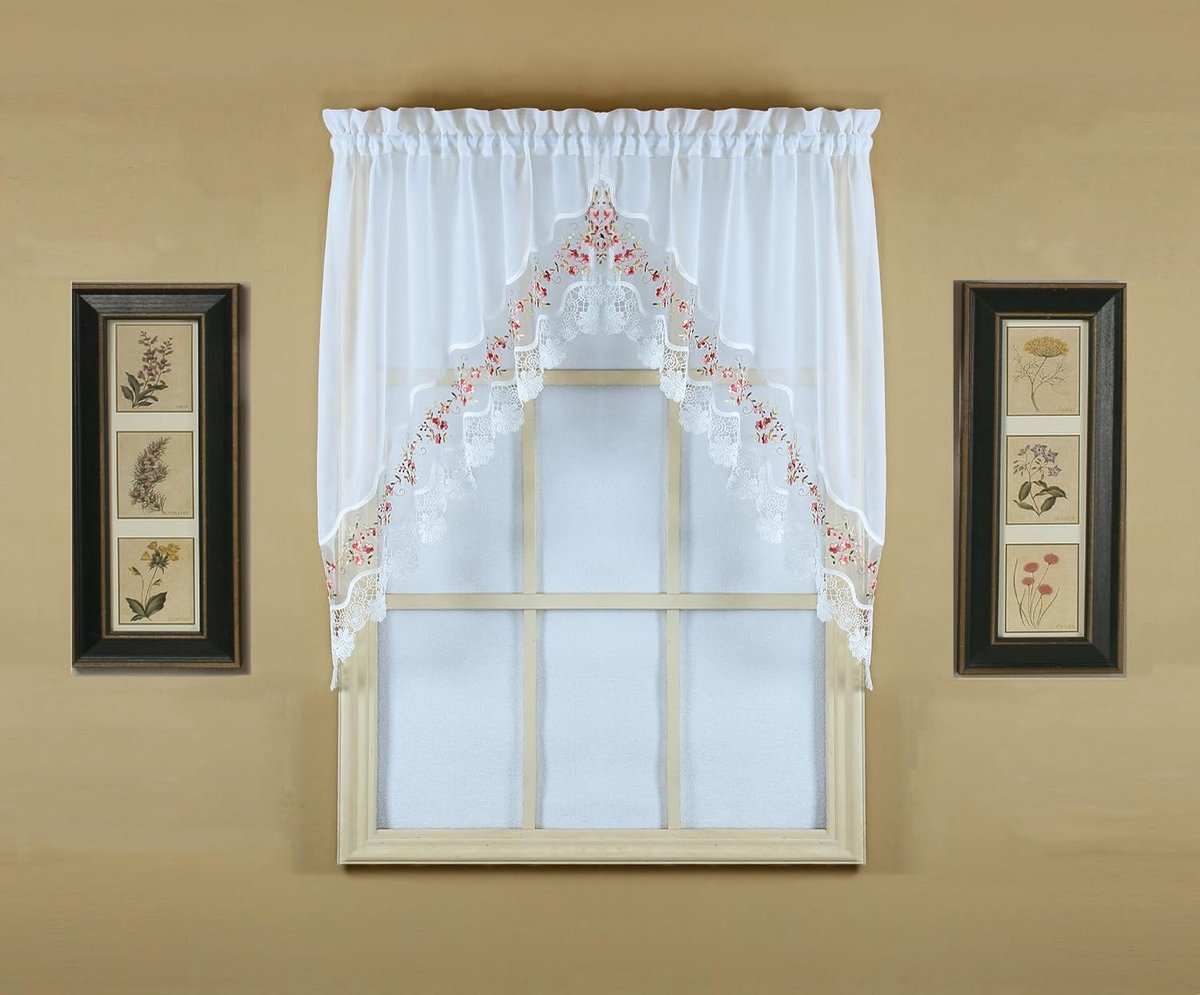 Curtain, Vintage Macramé Organza Swag 96,5 cm, Wit/Rose, 58" B x 38" L
