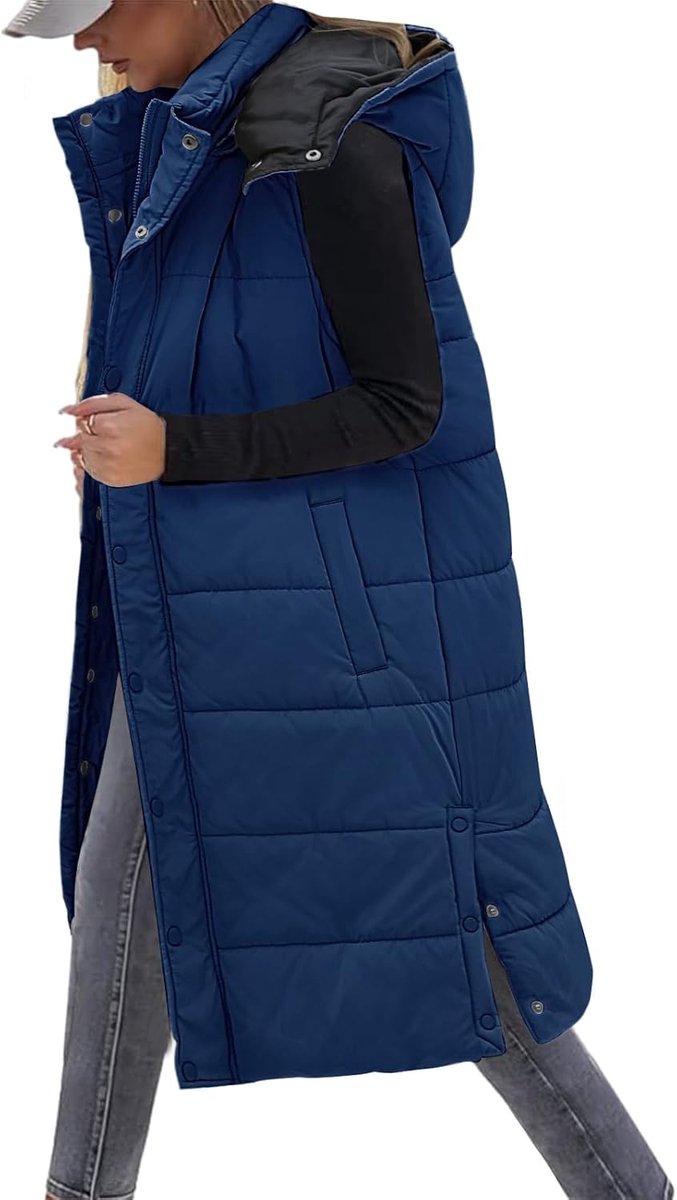 Lang vest voor dames, met capuchon, ritssluiting, gewatteerd vest, donsjack, mouwloos, warm, met zakken