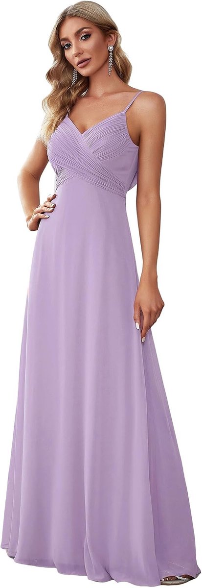Dames Spaghetti Bandjes Avondjurk V-hals A-lijn Mouwloos Chiffon Backless Maxi Bruidsmeisjes Jurken ES80026