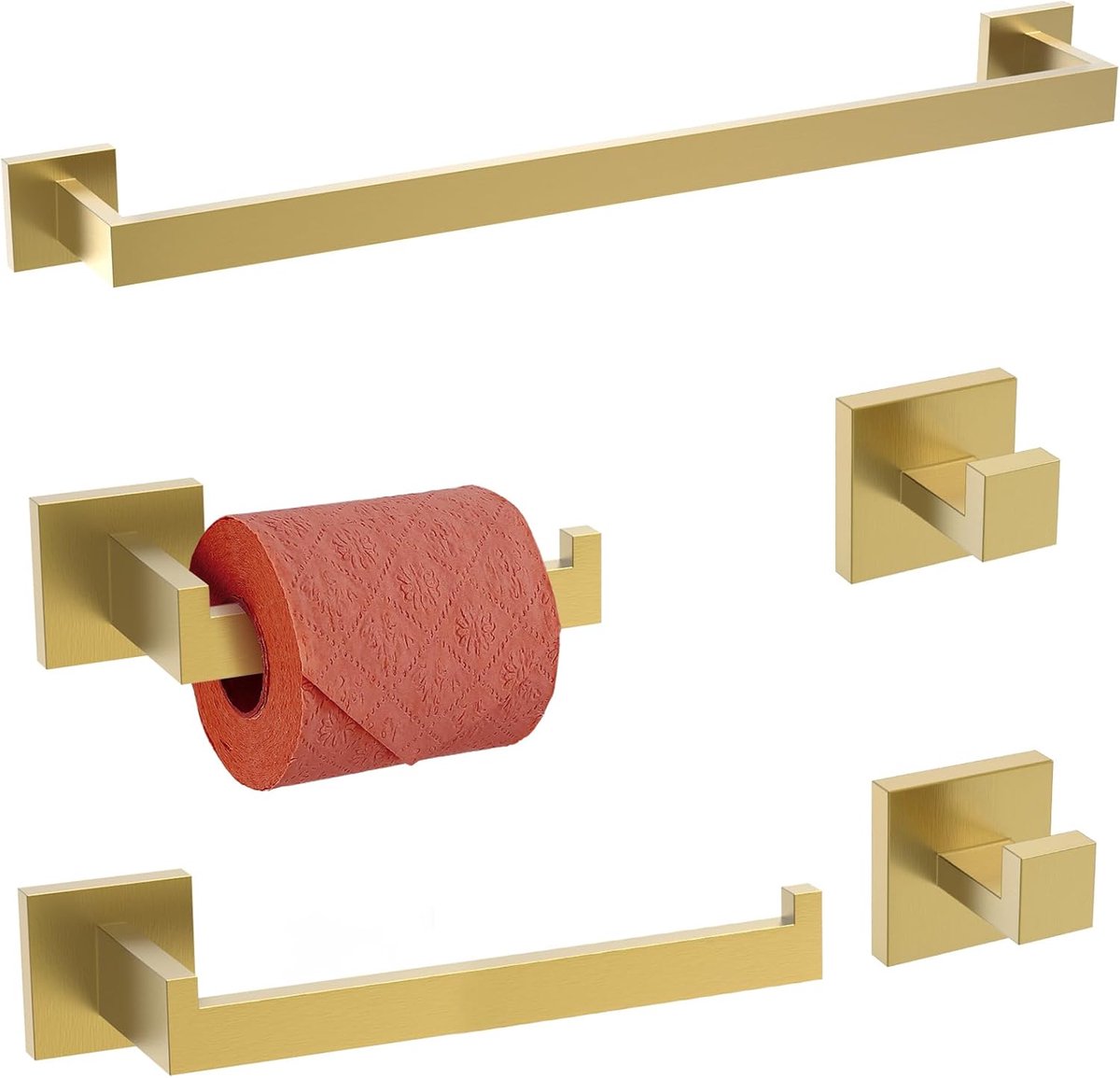 5-delige badkameraccessoireset, handdoekstang, haken, toiletpapierhouder, handdoekring, voor wandmontage (goud)