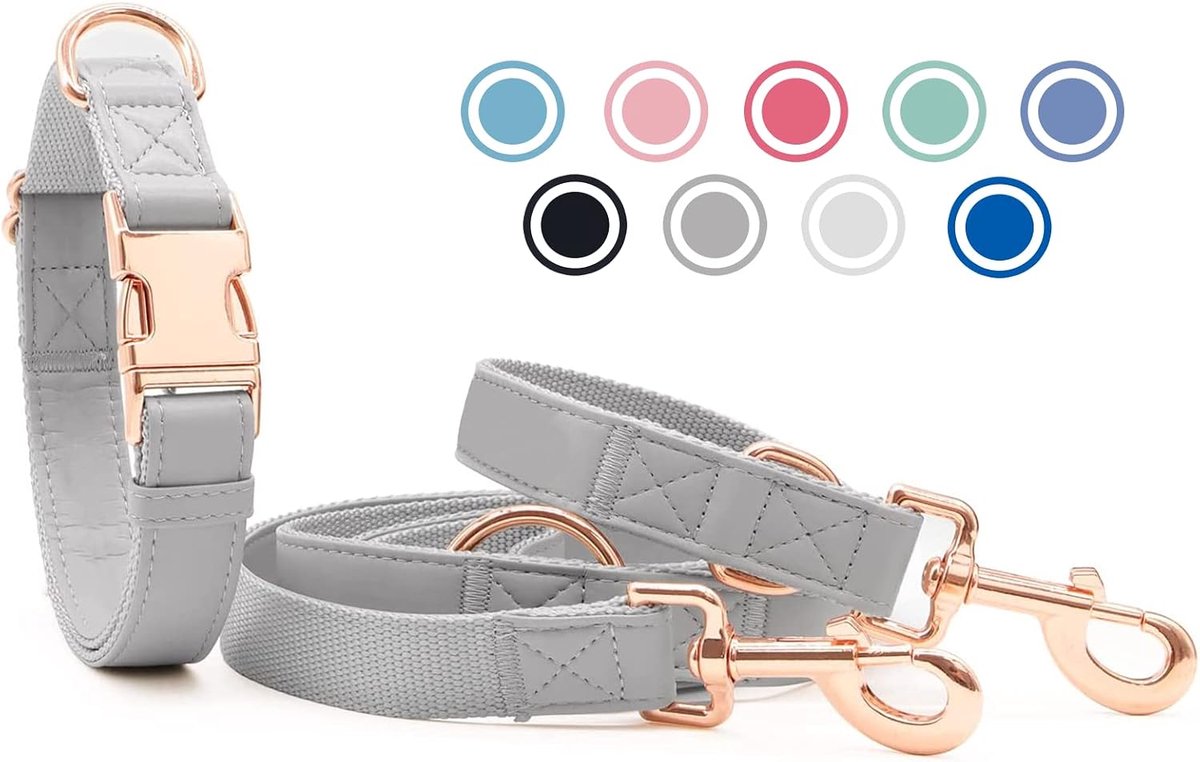 lederen hondenhalsband en riem (2 m) set - 3-voudig verstelbare hondenriem met halsband, stijlvolle roségouden metalen gesp & nylon hondenriem voor puppy's kleine middelgrote honden grijs, L