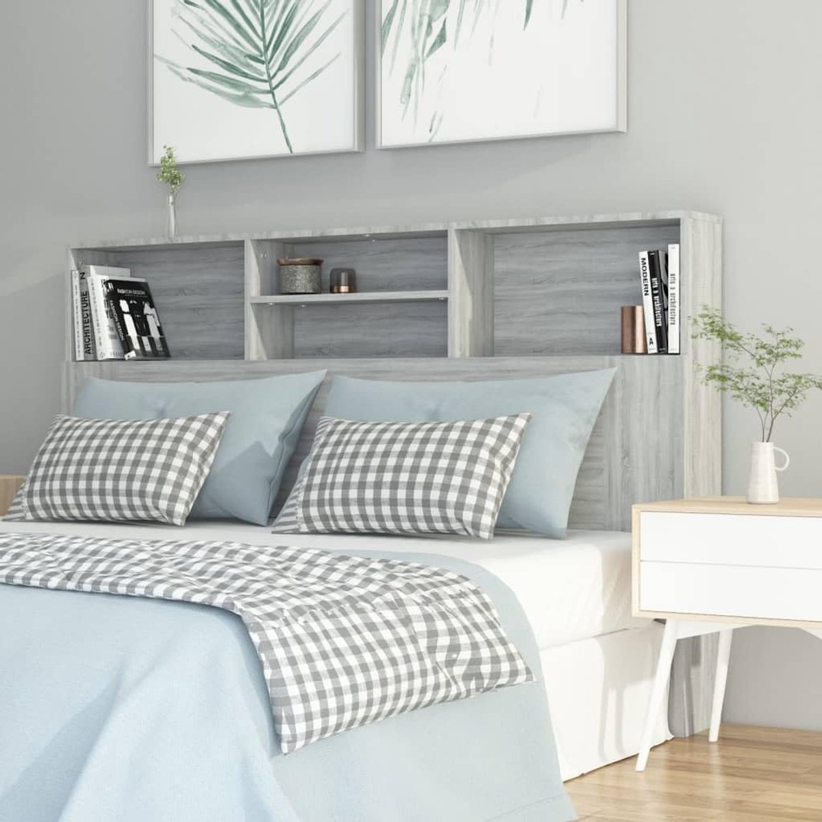 Hoofdeinde met planken, grijs, 160 x 19 x 103,5 cm, hoofdeinde voor slaapkamer, slaapkamer, hotels