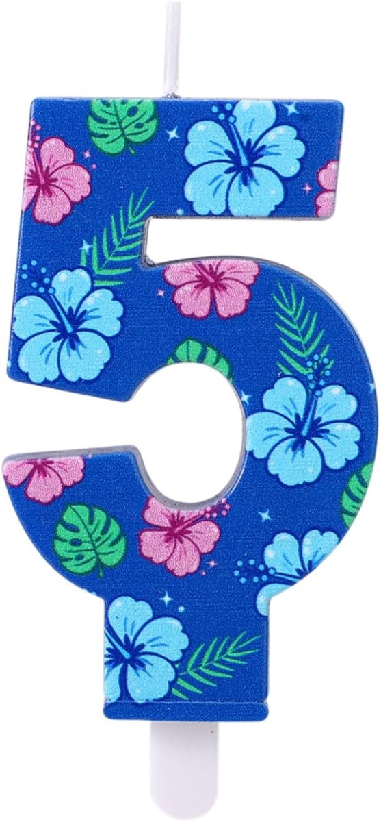 Verjaardagskaars met Cijfer, Taarttopper met Hawaïaans Thema en Bloemenmotief voor Kinderen Jongens en Meisjes Feestdecoratie (Cijfer 5)