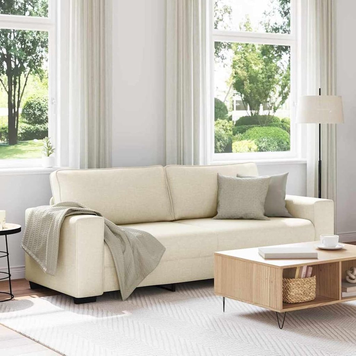 Sofa met kussen beige 221 x 77 x 82 cm linnen, woonkamer gestoffeerde bank voor appartement kantoor logeerkamer slaapkamer 4105185