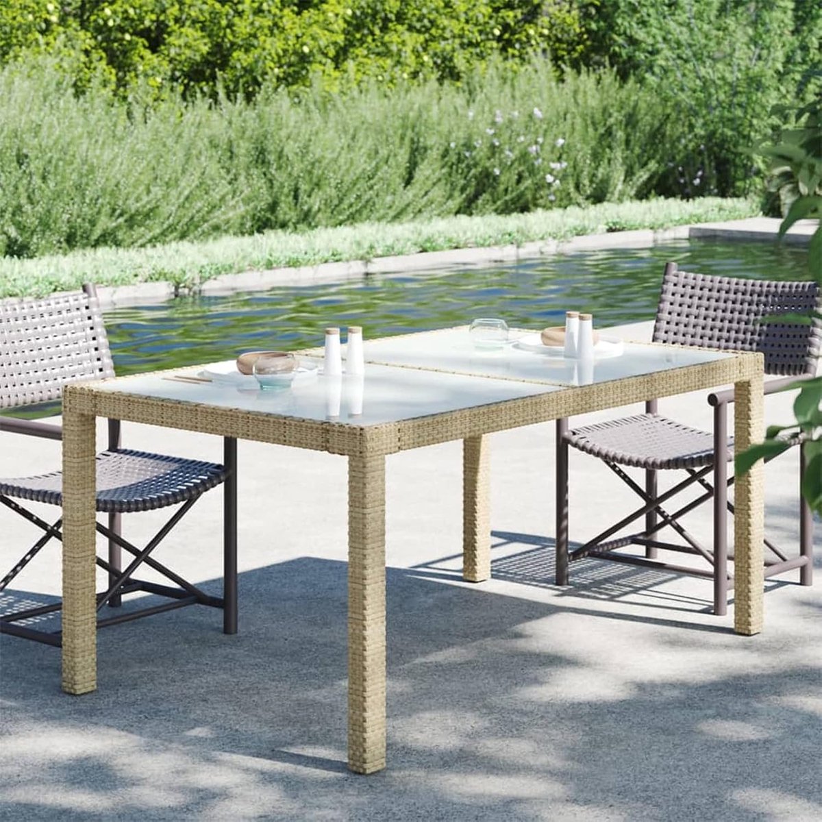 Tuintafel, tuinmeubelen, eettafel, outdoortafel, met beschermend rubber voor glas, 150x90x75 cm, gehard glas, polyrotan, beige