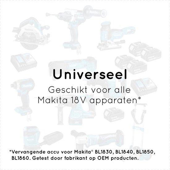 Set Makita 18V apparaten waaronder boormachine, cirkelzaag, reciprozaag, accuschroefboormachine, multitool en slijptol.