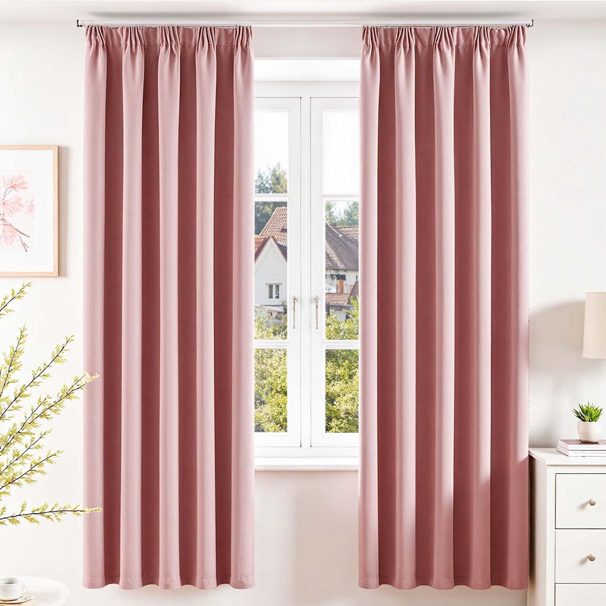Gordijn ondoorzichtig met plooiband, gordijnen voor railsysteem, gordijnen woonkamer, H 200 x B 140 cm, set van 2 voor slaapkamer, kinderkamer, ondoorzichtig, thermische verduisteringsgordijnen