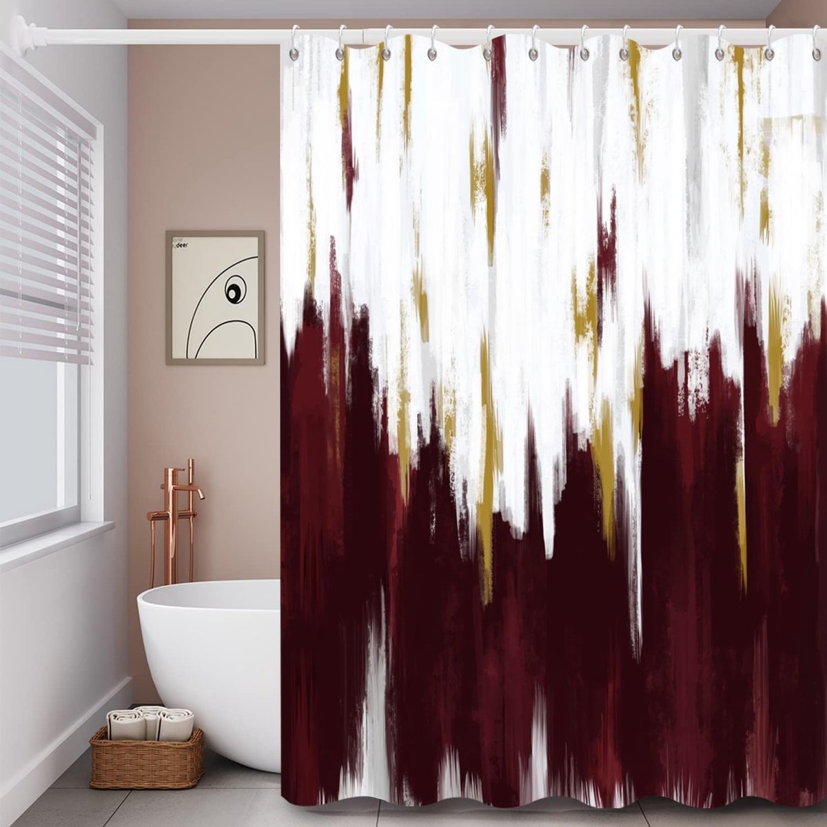 Douchegordijn, 180 x 200 cm, bruin wit goud, moderne abstracte penseelstreken, graffiti, olieverfschilderij, waterdichte stof, machinewasbaar, badkamergordijn met haken