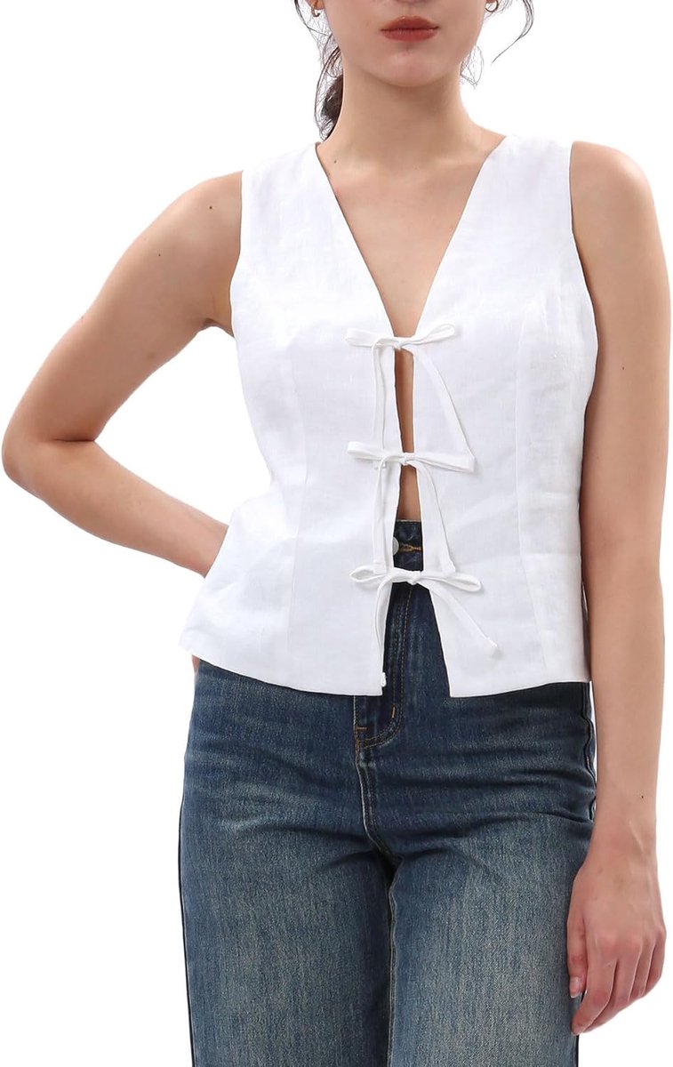 Kostuumvest voor dames, linnen vest, mouwloos, kort, linnen vest, V-hals, vest, elegant, met veters aan de voorkant