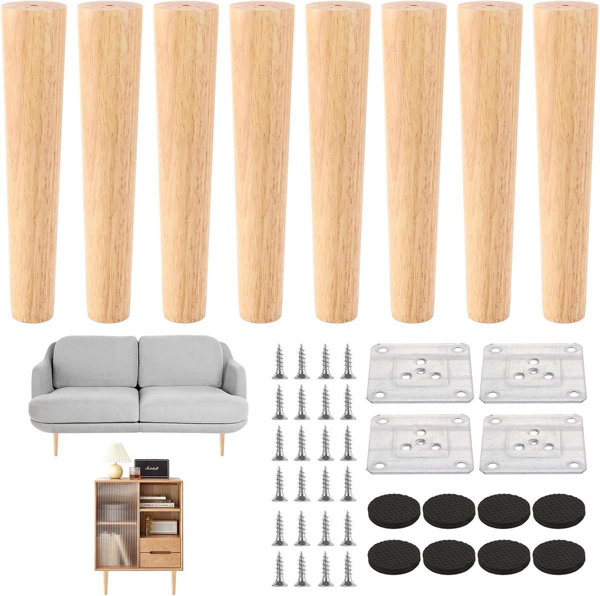 Dailygoods- Meubelpoten 20 cm - Houten Tafelpoten - Set van 8 - Robuuste Meubelpoten - Belastbaar tot 300 kg - Inclusief Montageplaten en Schroeven