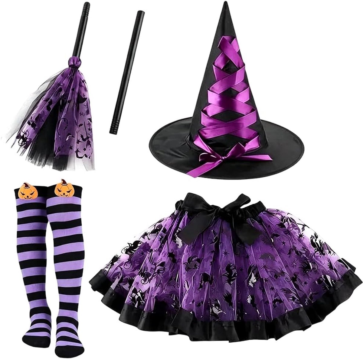 Meisjes, Halloween Kostuum met Tule Rok, Heksenhoed, Kniekousen en Toverstaf, Heksenkostuum, Cosplay Heksenmeisje Carnaval Feestkleding voor Halloween Carnaval(B)