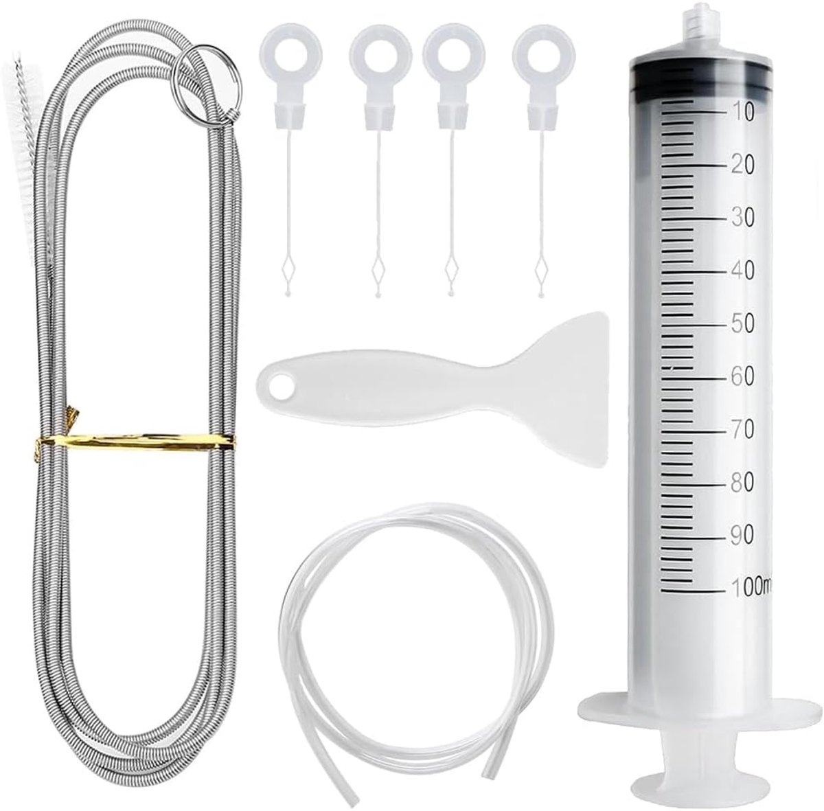 Dailygoods- Reinigingsset 8-delig - Borstel voor Koelkast - Spuit 100 ml - Slang voor Reinigen - IJskrabber - Afvoergat-inzetstukken - Koelkastreinige