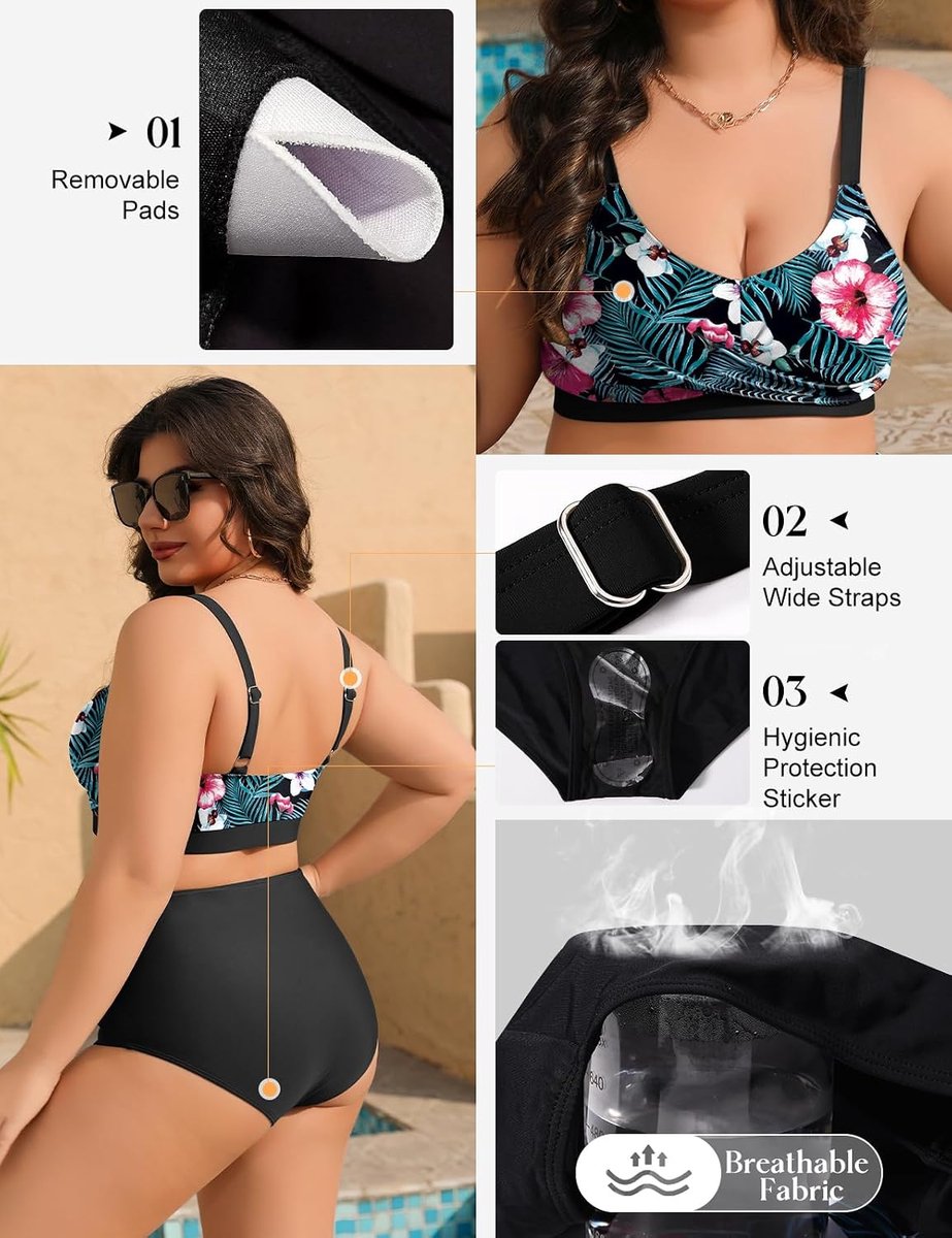 plus size bikini‘s voor dames, set bestaande uit bikinitopje en bikinibroekje met hoge taille, met buikcontrole en geplooide details, badkleding, zwemkostuum, 2-delige set met kussentjes
