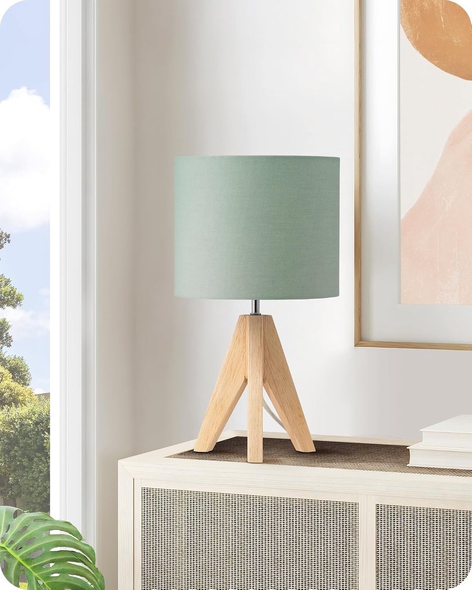 Vintage Tafellamp met Houten Driepoot en Linnen Lampenkap, Retro Stijl voor Slaapkamer en Woonkamer, E27 LED Verlichting