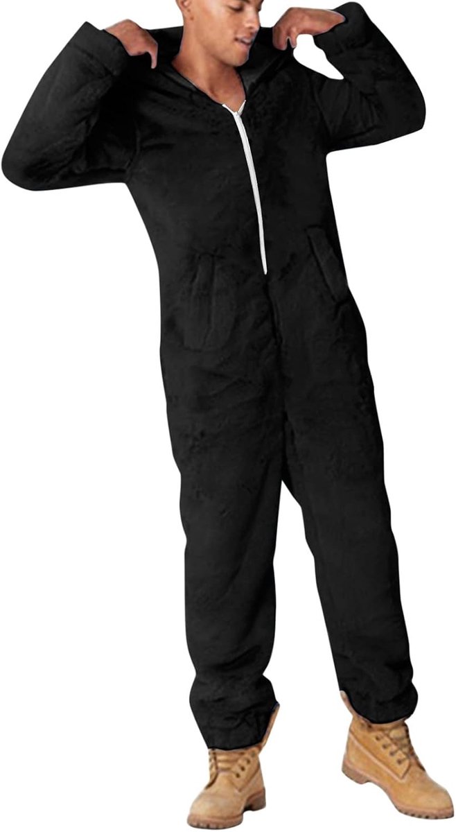 2026 heren kunstwol lange mouwen pyjama casual effen ritssluiting los met capuchon overall pyjama casual winter warm romp leuke oren nachtkleding