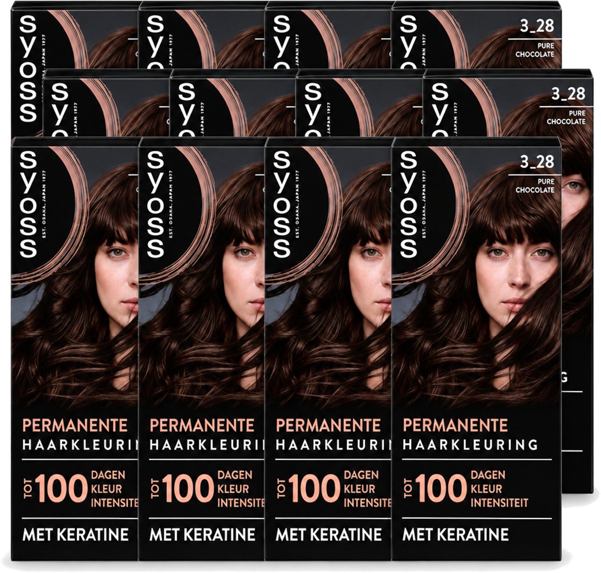 12 x SYOSS - Coloration 3-28 Pure Chocolade - Haarverf - Grijsdekking - Vermindert Haarbreuk - Voordeelverpakking - 12 stuks
