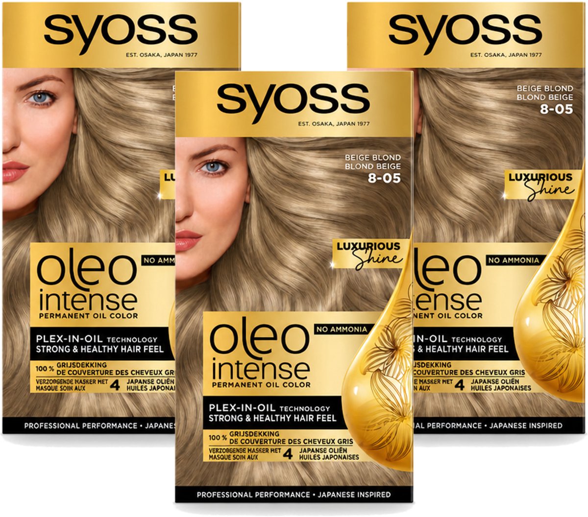 3 x SYOSS - Oleo Intense 8-05 Beige Blond - Haarverf - Zonder Ammoniak - Grijsdekking - Langdurige Kleur - Voordeelverpakking - 3 stuks