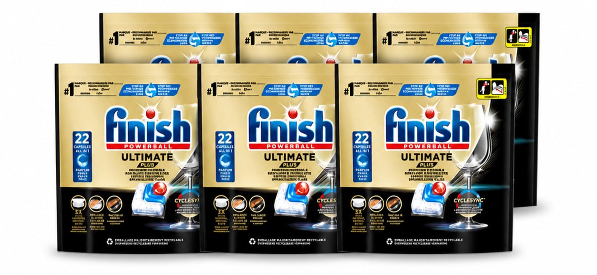 6 x Finish - Vaatwasmiddel - Ultimate Plus Vaatwastabletten Regular - Krachtige Alles-in-1 Reiniging - 22 capsules - Voordeelverpakking - 6 stuks