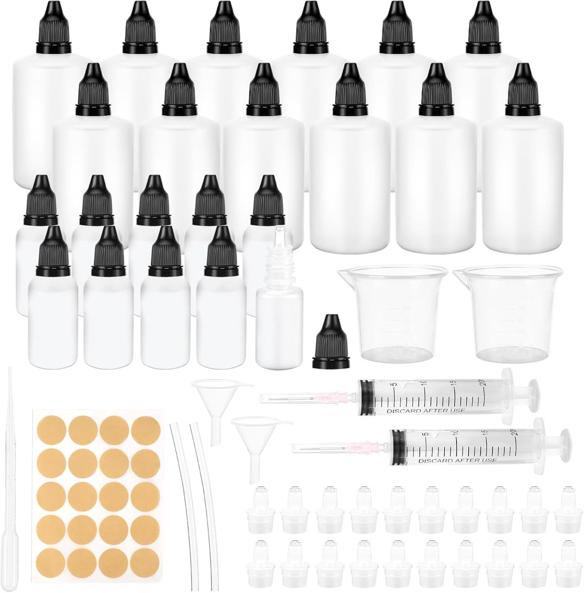 Druppelfles, 32 stuks, vloeibare flessen, 12 x 100 ml + 10 x 10 ml druppelfles, knijpflessen, met kinderbeveiliging, deksel, om te vullen, doseerfles, incl. trechter, maatbeker, etiketten
