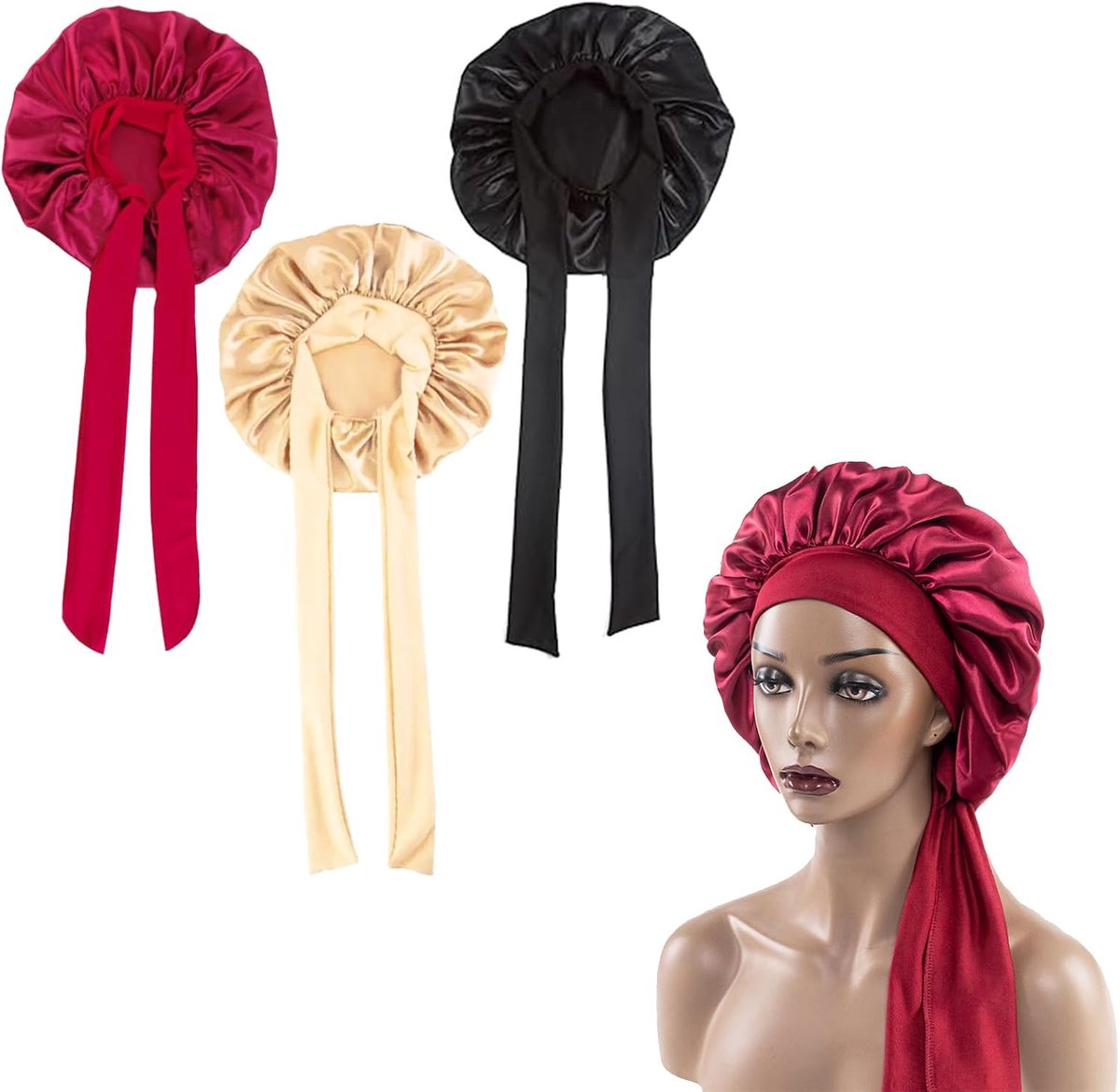 mutsen voor lang haar, nachtmutsen voor lang haar, nachtmuts van zijde, voor slapen, douchen, haarverzorging, spa, zwart, bordeaux, beige, 3 stuks