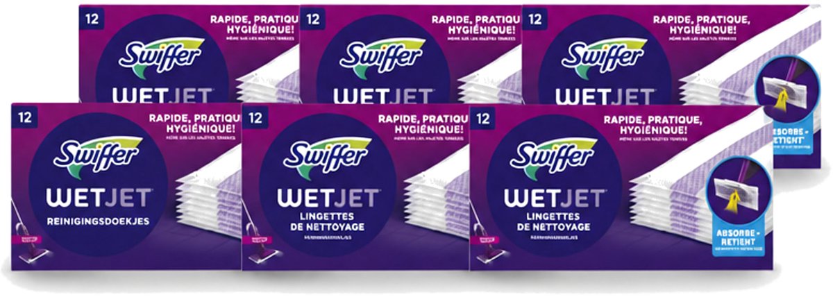 6 x Swiffer - WetJet – Reinigingsdoekjes – Navullingen – 12 doekjes - Voordeelverpakking - 6 stuks