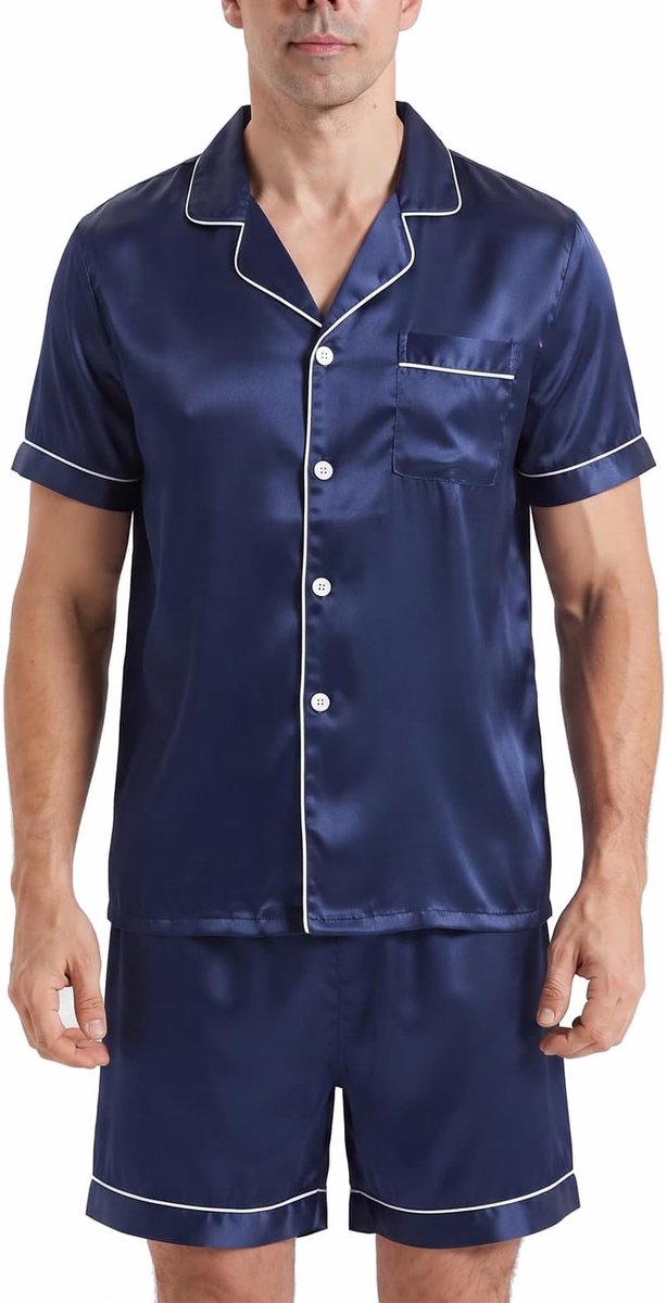 Pyjama voor heren, korte satijnen look, tweedelige pyjama met korte