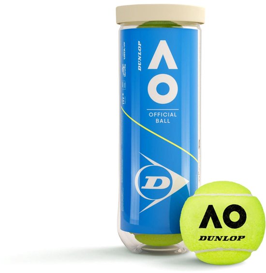 Koker met Dunlop Australian Open tennisballen, felgeel, met een bal ernaast.