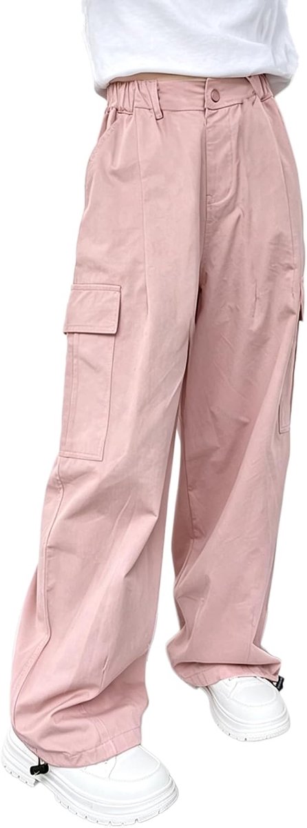 Cargobroek voor meisjes, katoenen baggy broek met elastische taille en meerdere zakken, voor kinderen van 6 tot 15 jaar