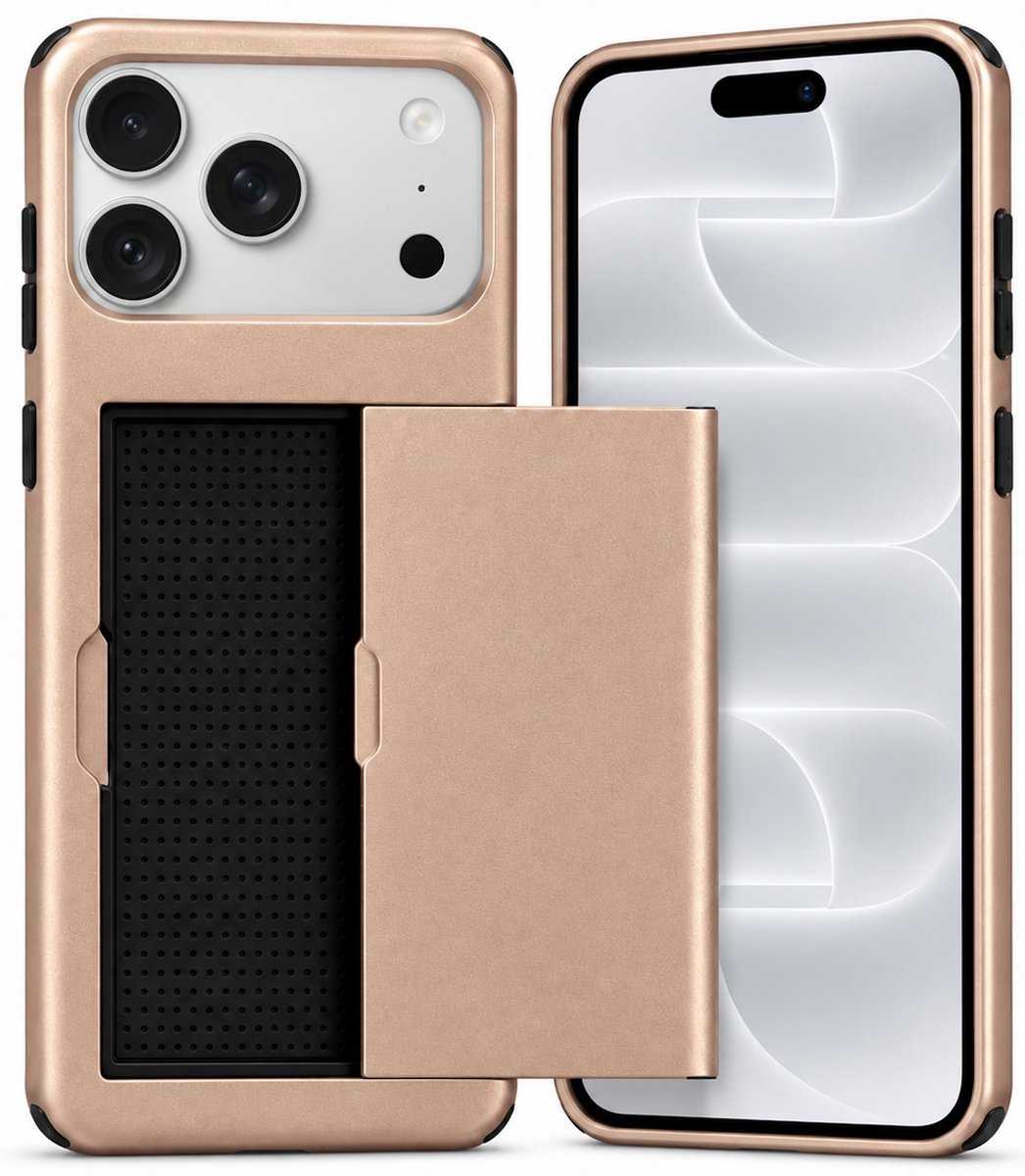 Hoesje met Pasjeshouder geschikt voor iPhone 18 Pro Max / 17 Pro Max – Back Cover Slide Case – Roségoud – Kaarthouder – Schuifsysteem