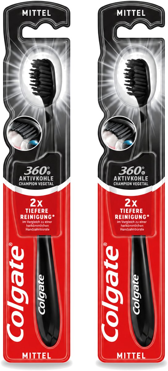 2 x Colgate - Tandenborstel - Charcoal Black 360 Medium - Zwart - 1 Tandenborstel - Voordeelverpakking - 2 stuks