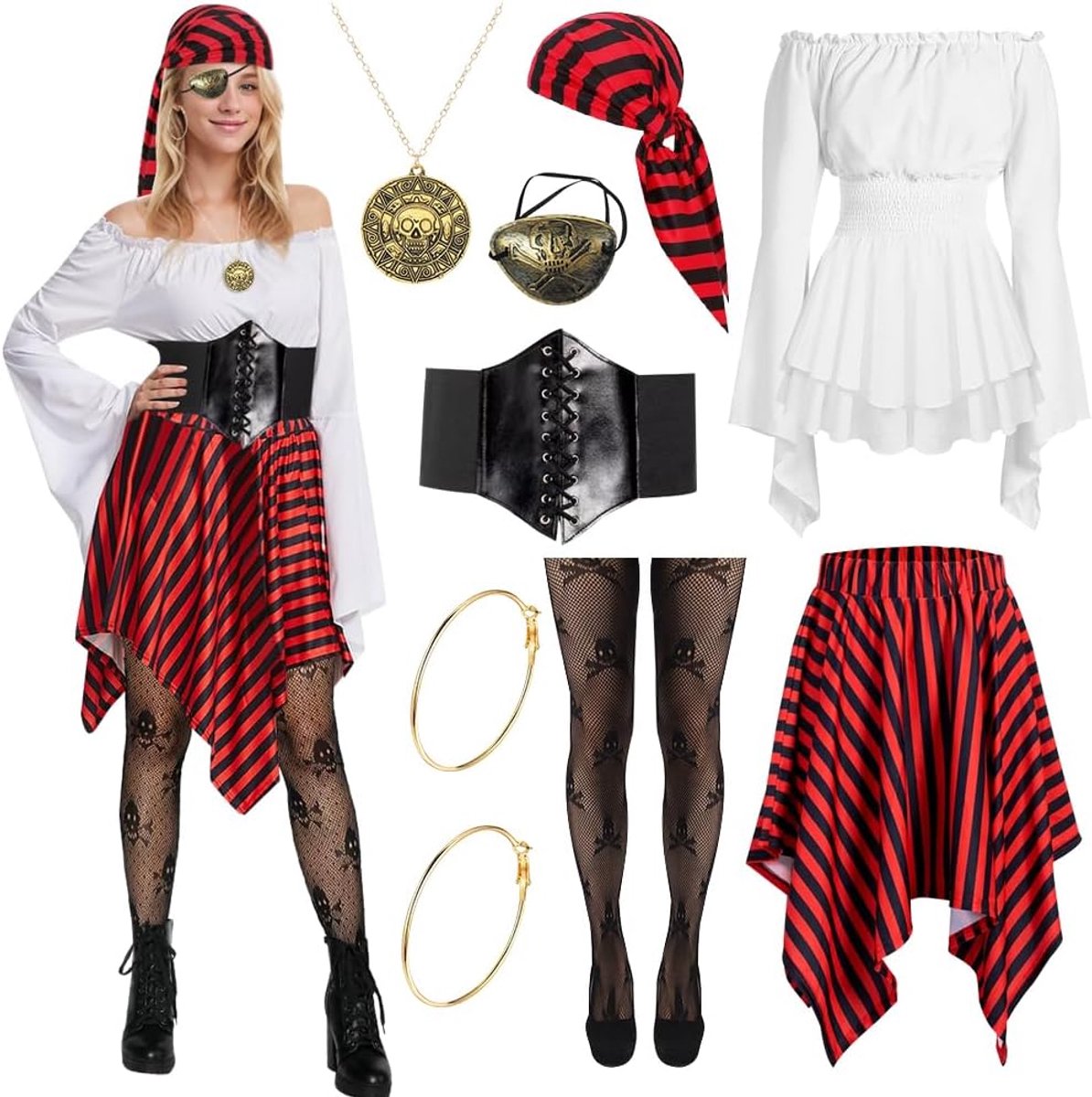 Piratenkostuum voor dames, piratenkostuum voor volwassenen met accessoires voor piraten, carnavalskostuum voor volwassenen, piratenkostuum voor verjaardag, Halloween, carnaval, cosplay