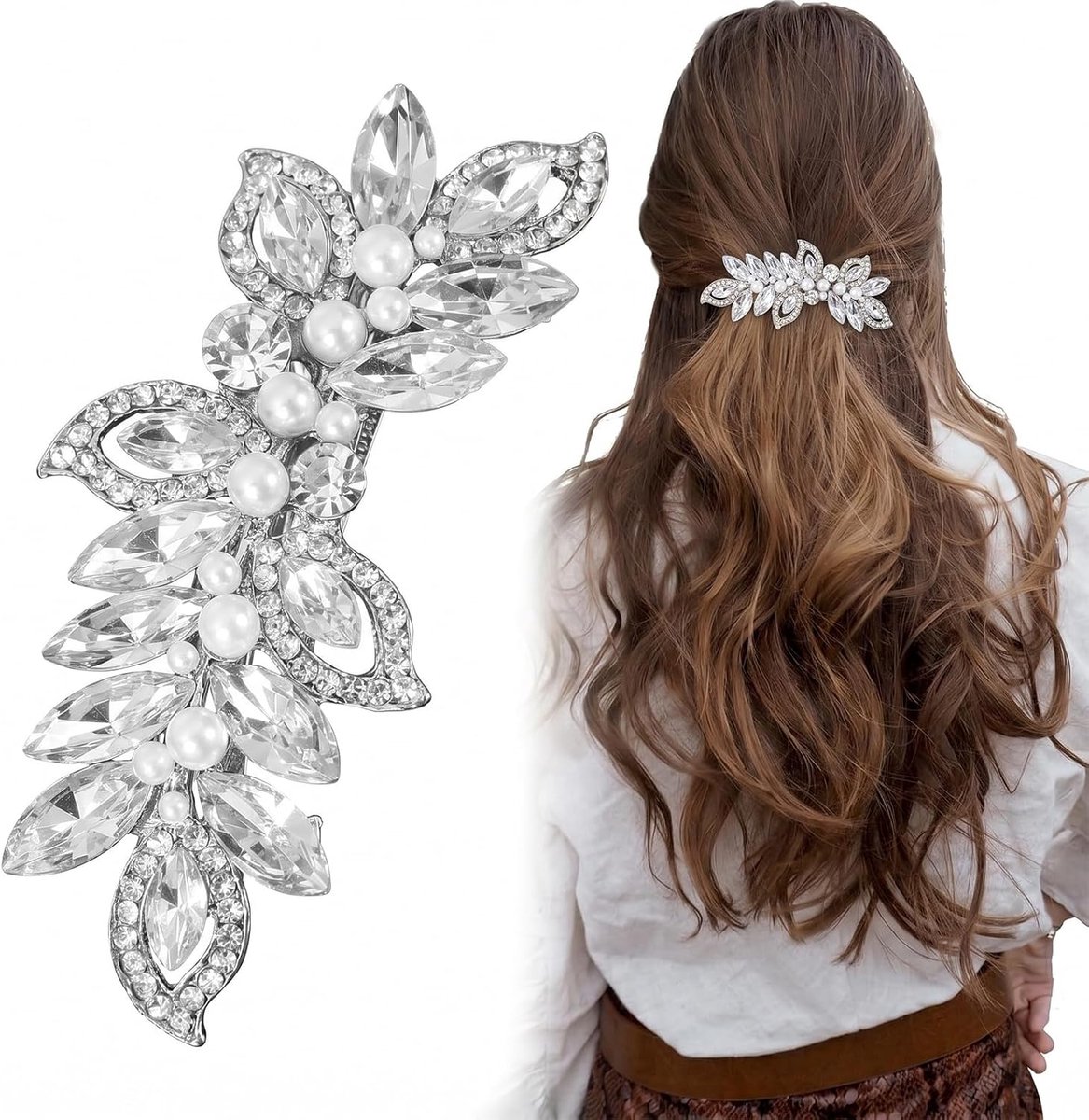 Haarspelden met parel, zilveren bruidshaaraccessoires voor vrouwen, haarspeld bruiloft, fonkelende kristallen haarspelden, bladvormige haarspelden voor bruiloft, bruid, lang haar