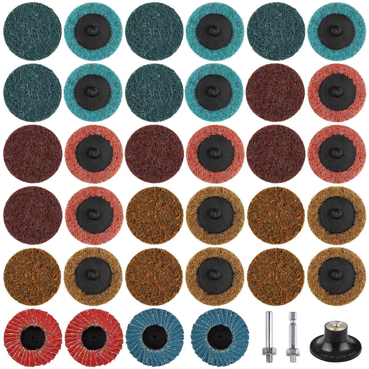 37 Stuks Roloc Schuurschijven, 50mm Snelwissel Schijven, Met 1/4 Padhouder, Voor Staafschuurmachines, Oppervlakte-Ontroesting, Slijpen, Polijsten, Braam, Roestkleur (Koers + Medium + Fijnkorreling)
