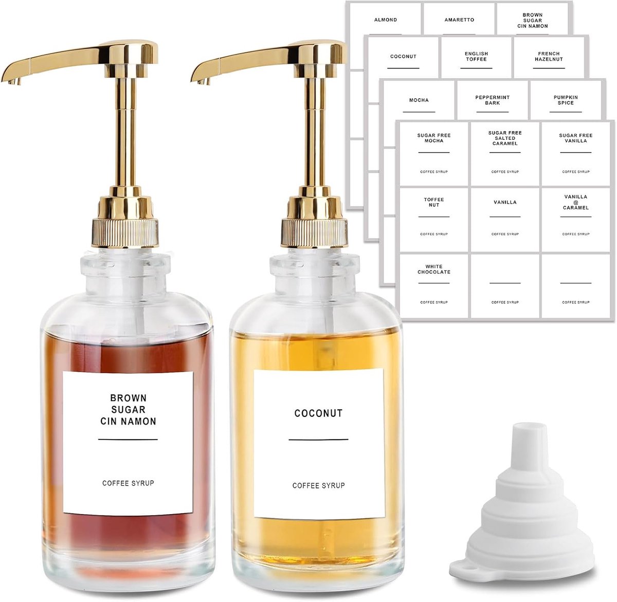 sunal Koffie siroop dispenser, goud 500ml/16oz siroop dispenser, set van 2 glazen siroop fles, siroop pomp dispenser met 1/4 oz grote capaciteit pomp en 36 waterdichte labels & trechter voor keuken
