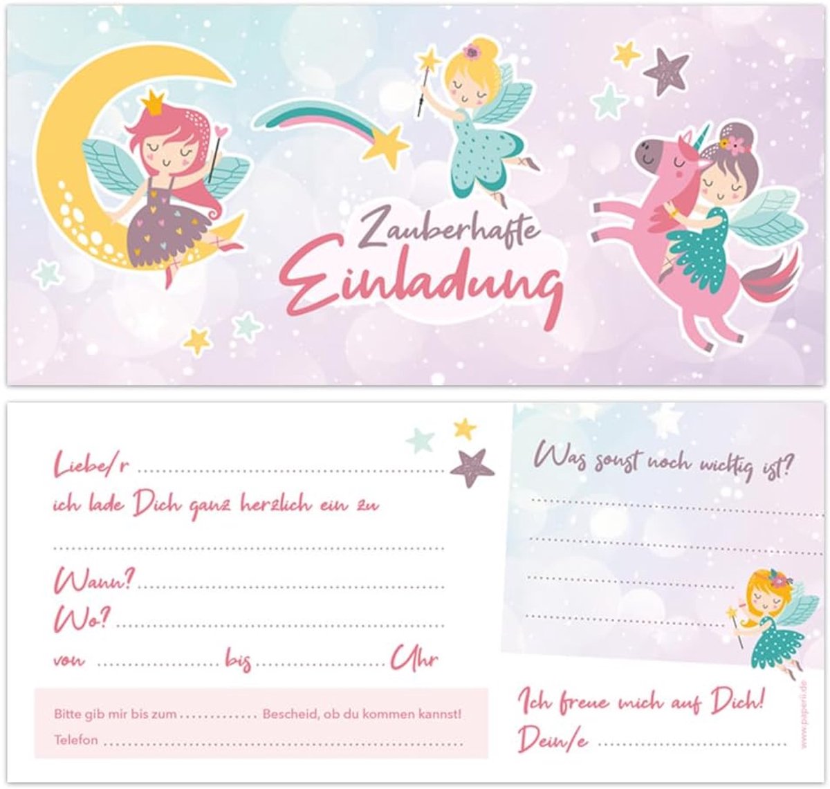 set van 10, eenhoorn-prinses, prinsessen en feeën, uitnodigingskaarten, glitterlak, eenhoornfeest, prinsessenfeest, kinderdagverblijf (10 kaarten zonder enveloppen)