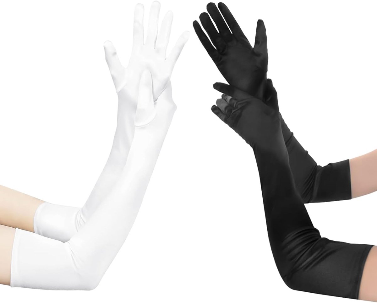 Handschoenen, kostuumaccessoires voor feest, eindejaarsbal en bruiloft, fluwelen en satijnen handschoenen, 53 cm, zwart, wit, One Size (Fabrikant