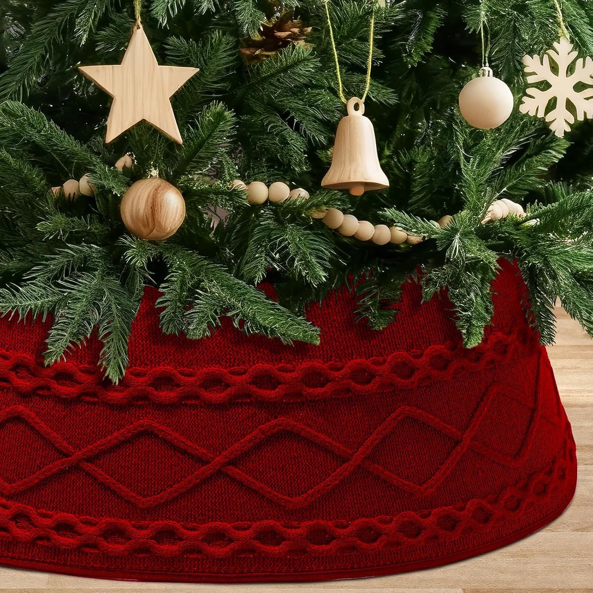 Driedimensionale Gebreide Kerstboomrok 71 cm Ronde Decoratieve Rok Kerstboomvoetbedekking Gebreide Schort Voor Kerstdecoratie (Rood)
